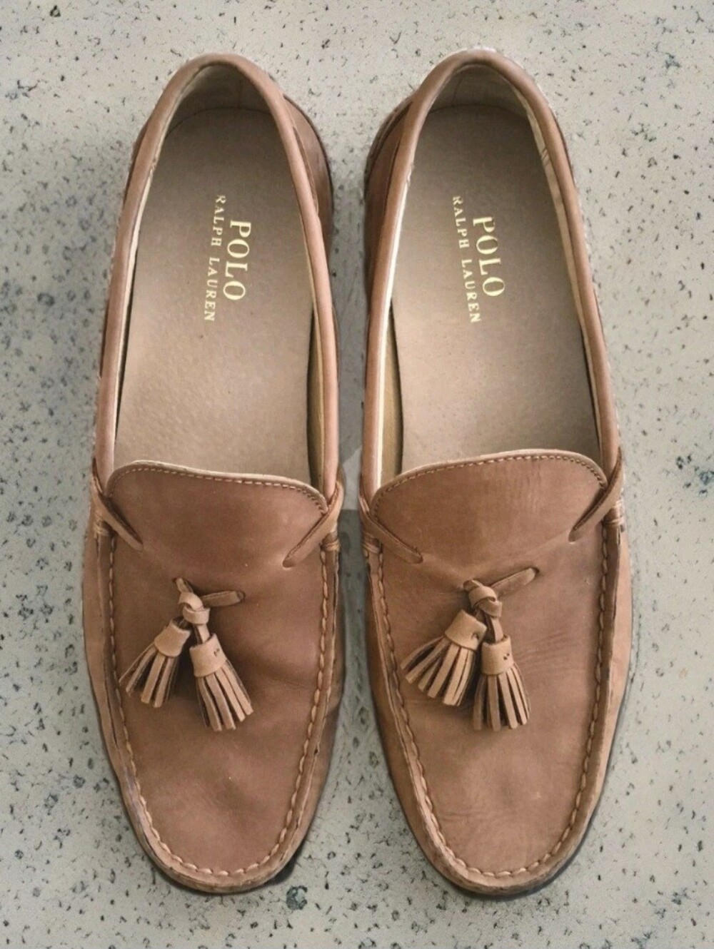 SOLD Ralph Lauren Kraig Tan Leather Tassel Slip On Loafers POLO Logo Mens 12D